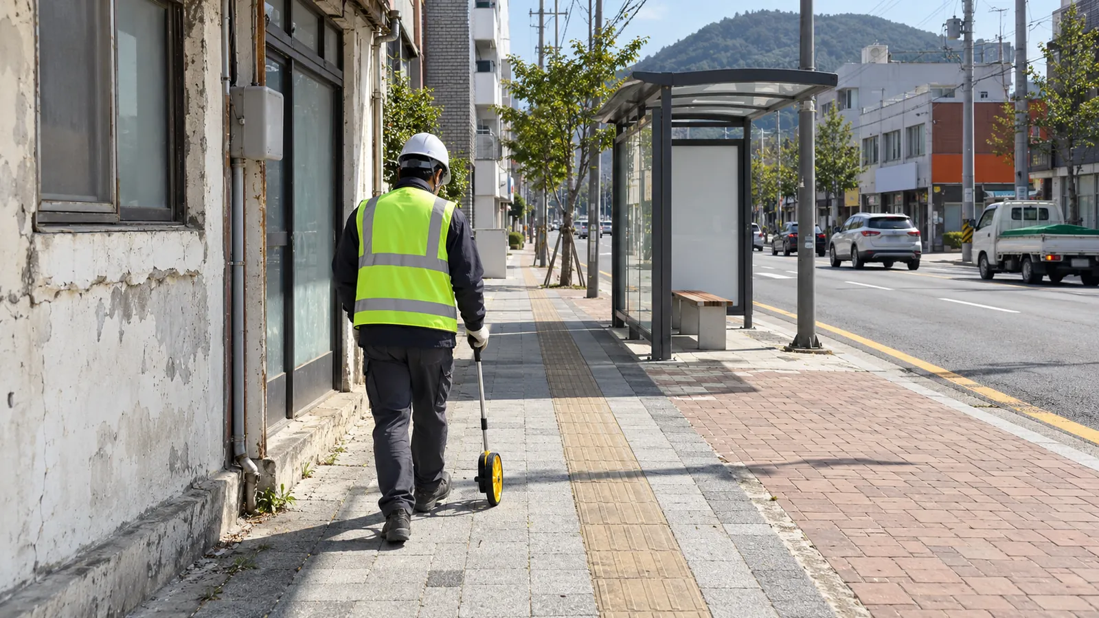 울산 OO동 외벽에서 정류장까지 거리를 재는 모습 예시