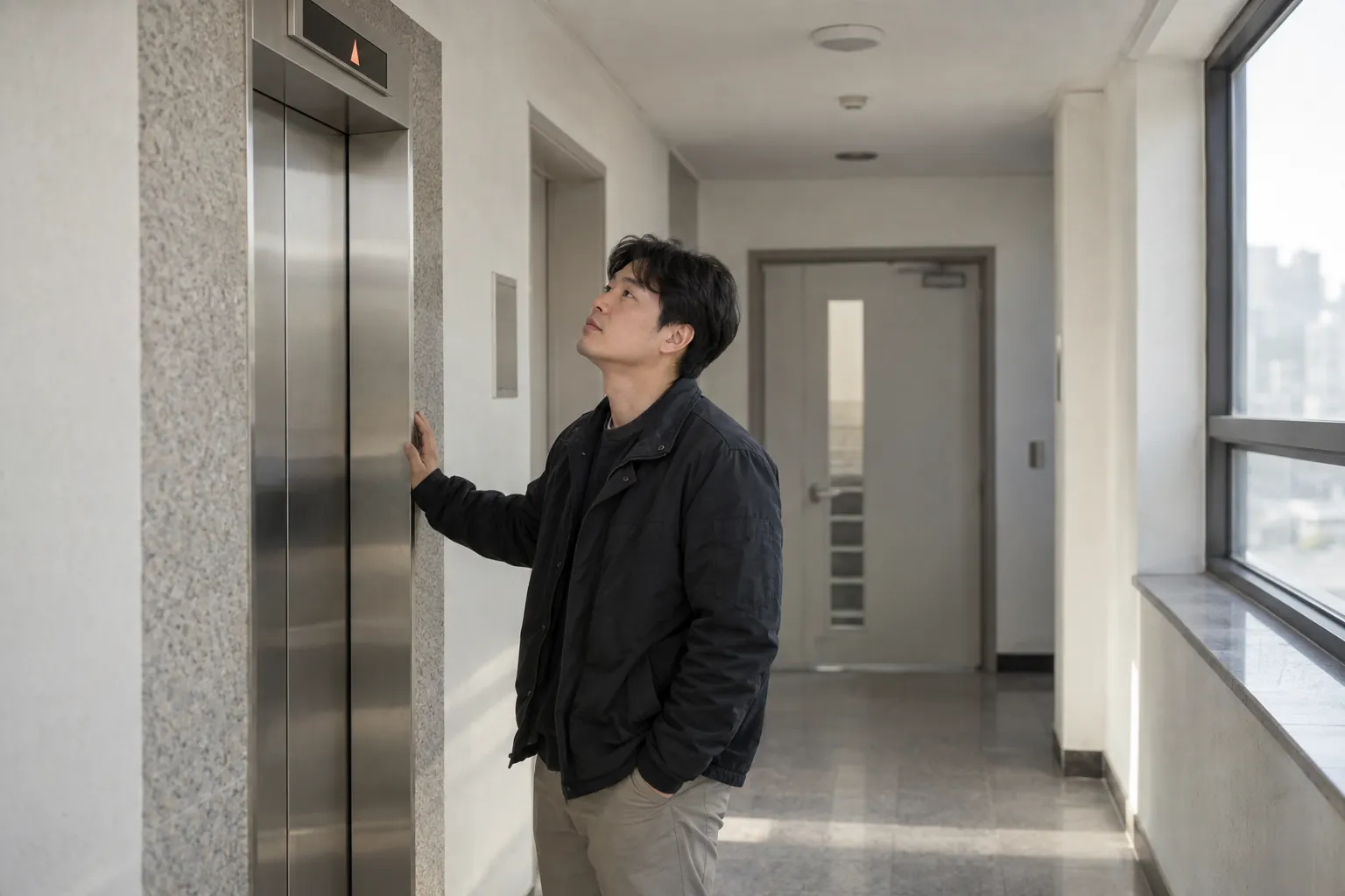 상가 건물 복도에서 엘리베이터 문 앞에 서서 자재가 나갈 길을 가늠하며 층 표시를 올려다보는 임차인