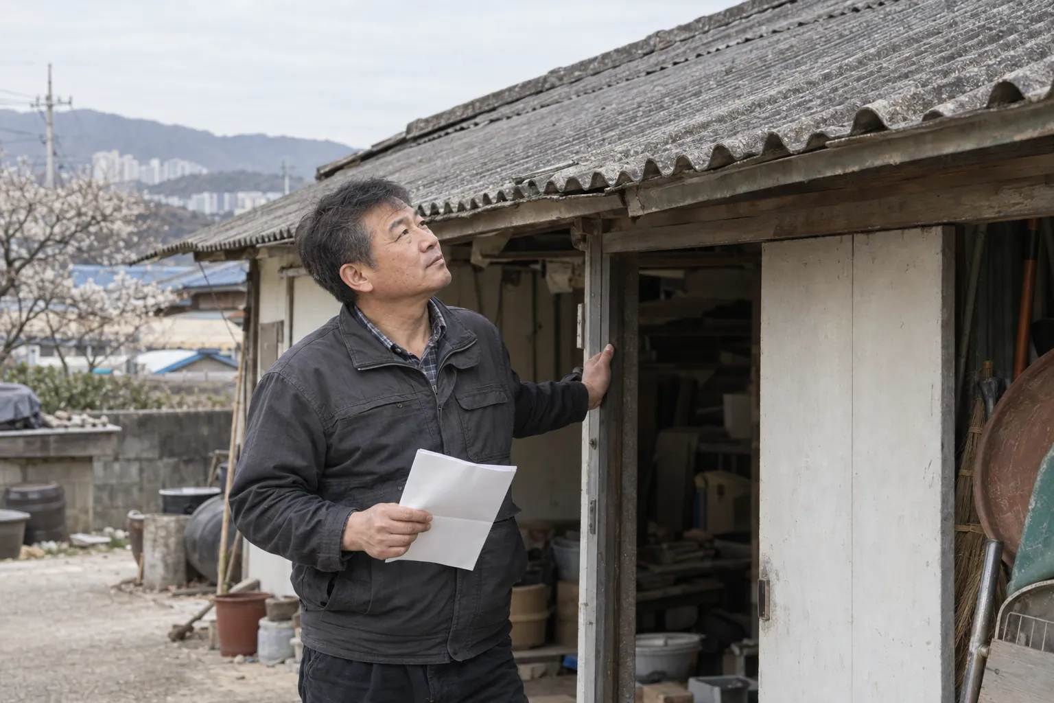 오래된 슬레이트 지붕 창고 앞마당에서 물결무늬 지붕을 올려다보며 처리 방법을 생각하는 소유주
