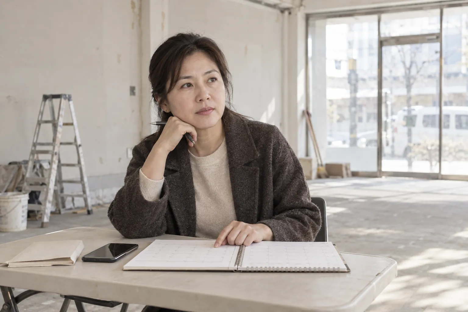 비워 둔 상가 안 테이블에 탁상 달력을 펼쳐 놓고 철거 착공일과 다음 공정 착수일 사이를 손가락으로 재어 보는 건물주