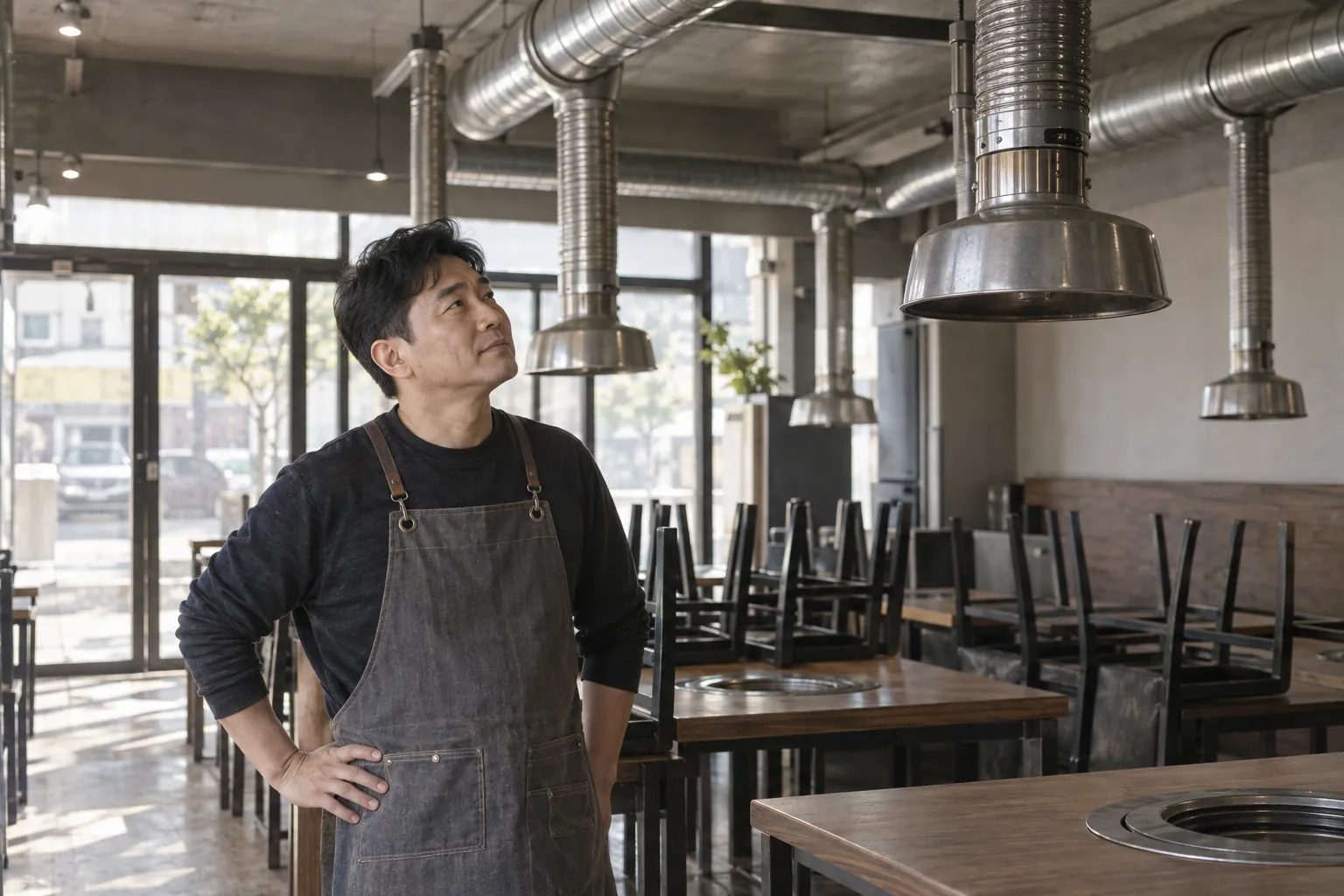 영업을 마친 고깃집 안에서 천장 배기덕트를 올려다보며 철거 범위를 가늠해 보는 점주