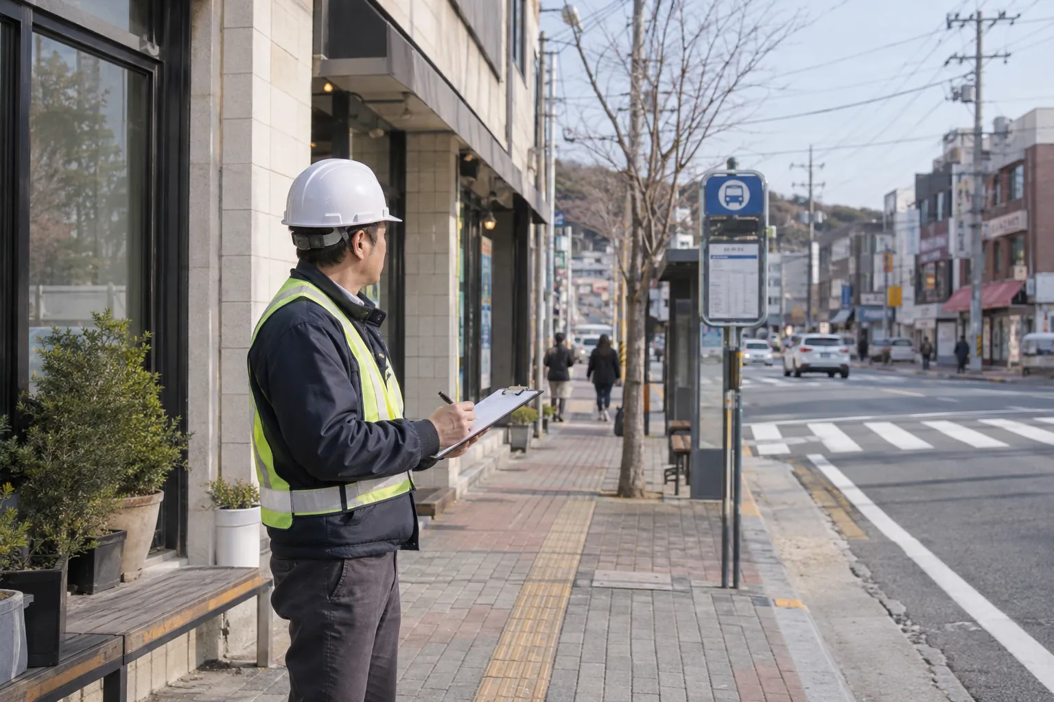 건물 옆 인도에서 버스정류장과 횡단보도 쪽을 살피며 클립보드에 기록하는 현장 조사자