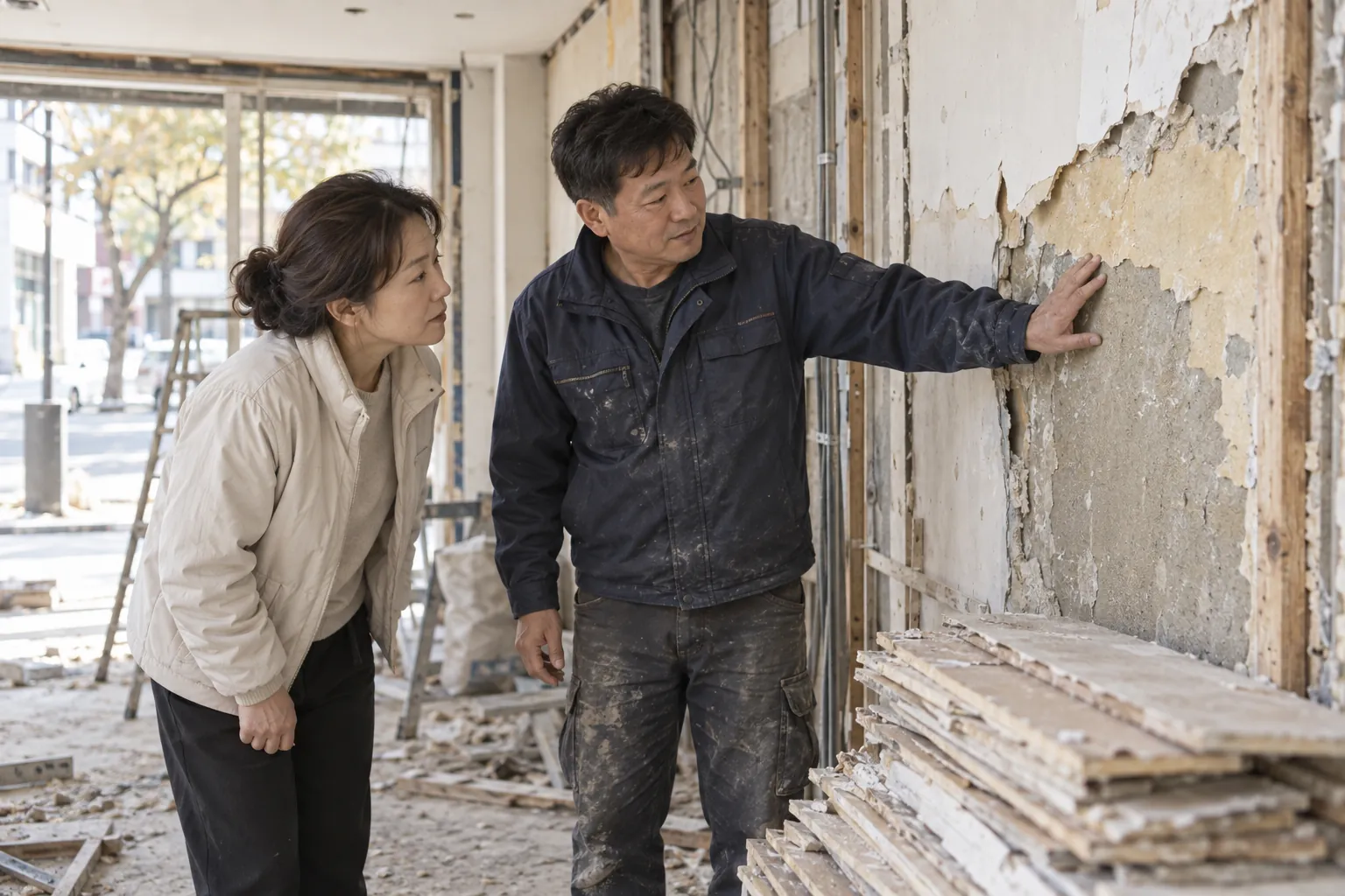 마감을 일부 걷어낸 상가 벽 앞에서 철거팀장과 점포 주인이 드러난 벽체를 함께 보며 이야기하는 모습