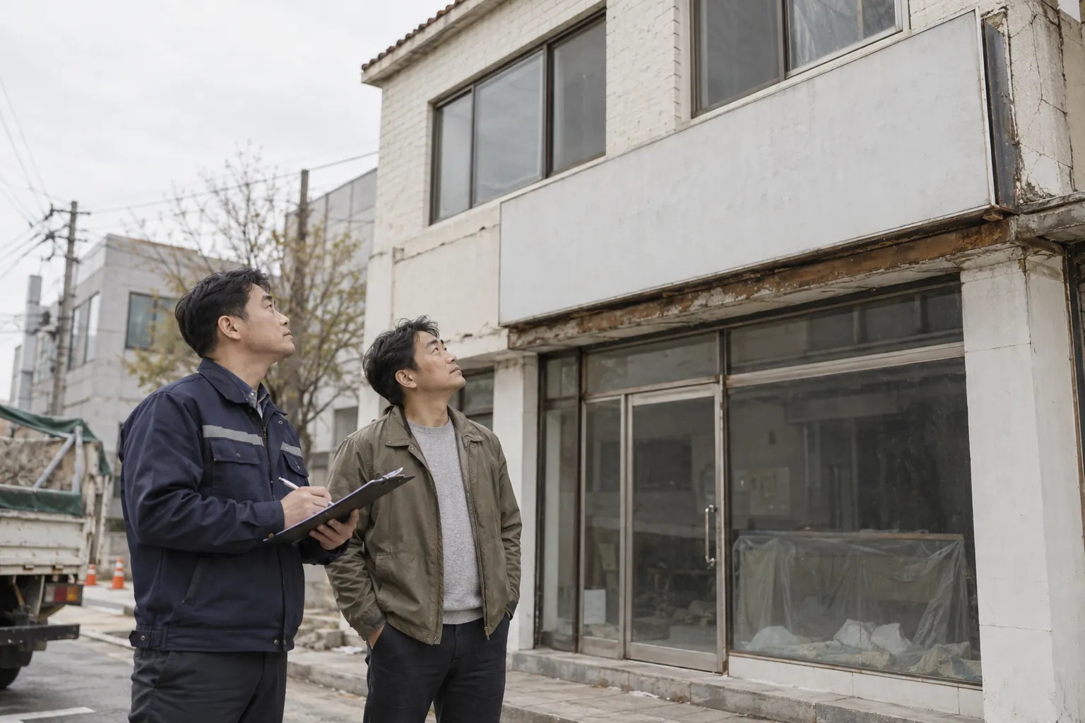 철거를 앞둔 상가 앞에서 클립보드를 든 철거팀장과 건물주가 건물 외벽과 간판을 함께 올려다보며 답사하는 모습