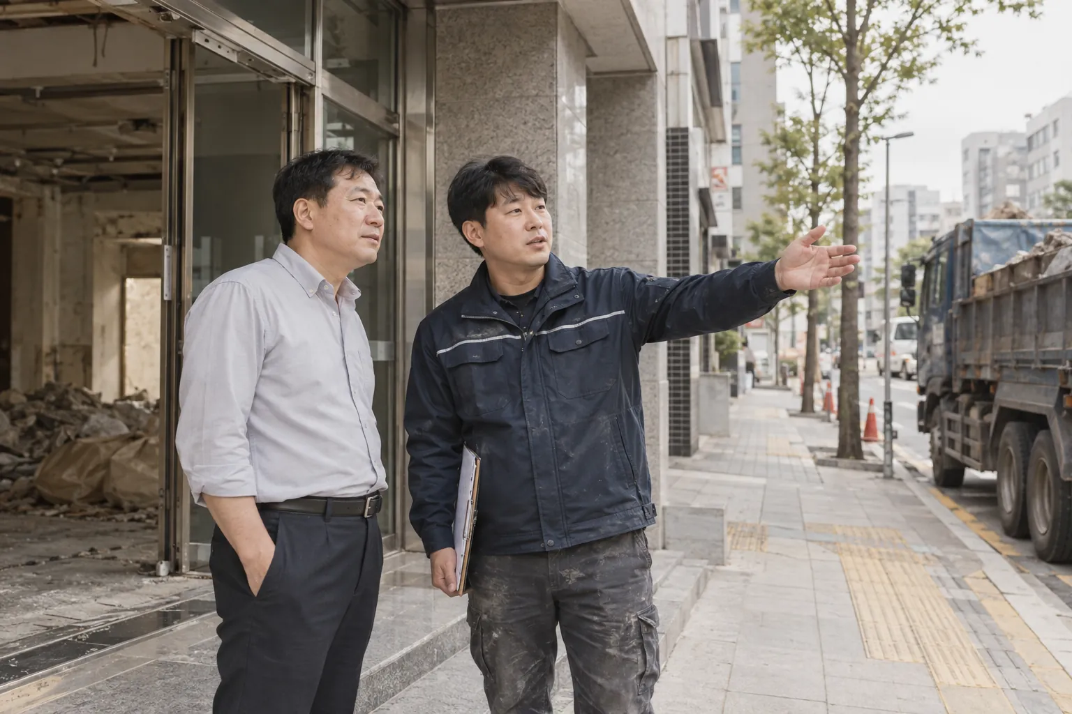 상가 앞에서 철거팀장과 건물주가 건물 층수와 반출 경로를 함께 확인하며 이야기하는 모습